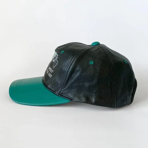 Vintage Leather Baseball Hat Cap Ventures West Diamond Black Green Streetwear - Picture 3 of 10